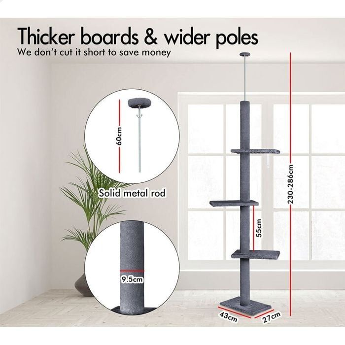 Floor to Ceiling Cat Tree Tower Adjustable 230 - 286cm Grey