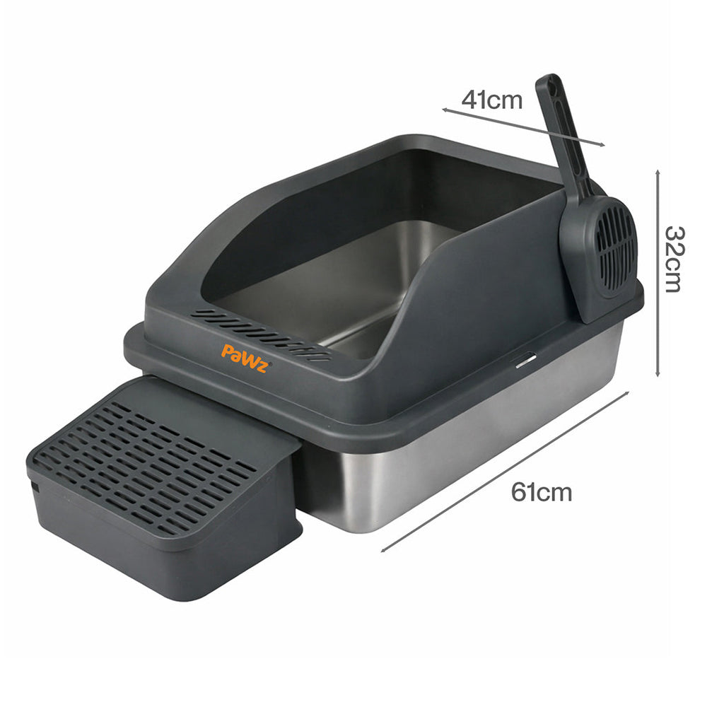 Pawz Stainless Steel Cat Litter Box Big Cats Kitten High Sided Easy Clean Grey