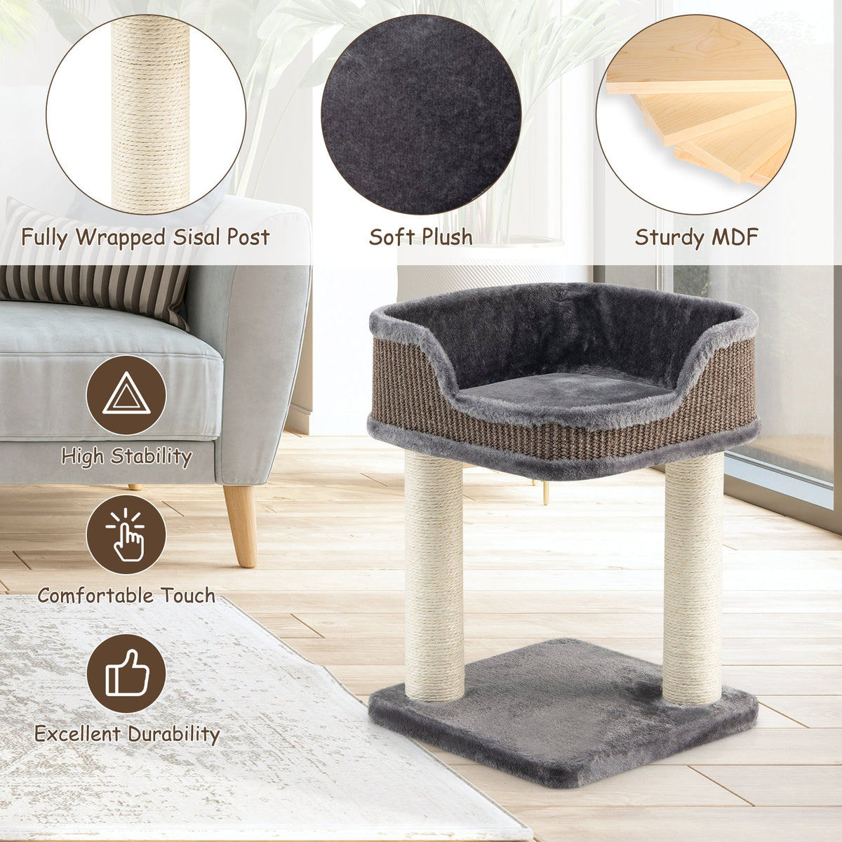 NNECW Compact Cat Tree Tower for Scratching Relaxing &amp Sleeping-Grey