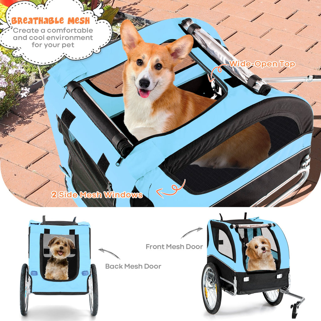 NNECW Folding Pet Bike Trailer with 3 Zippered Doors and 8 Reflectors-Blue