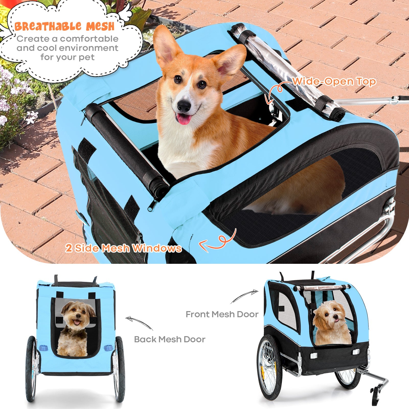NNECW Folding Pet Bike Trailer with 3 Zippered Doors and 8 Reflectors-Blue