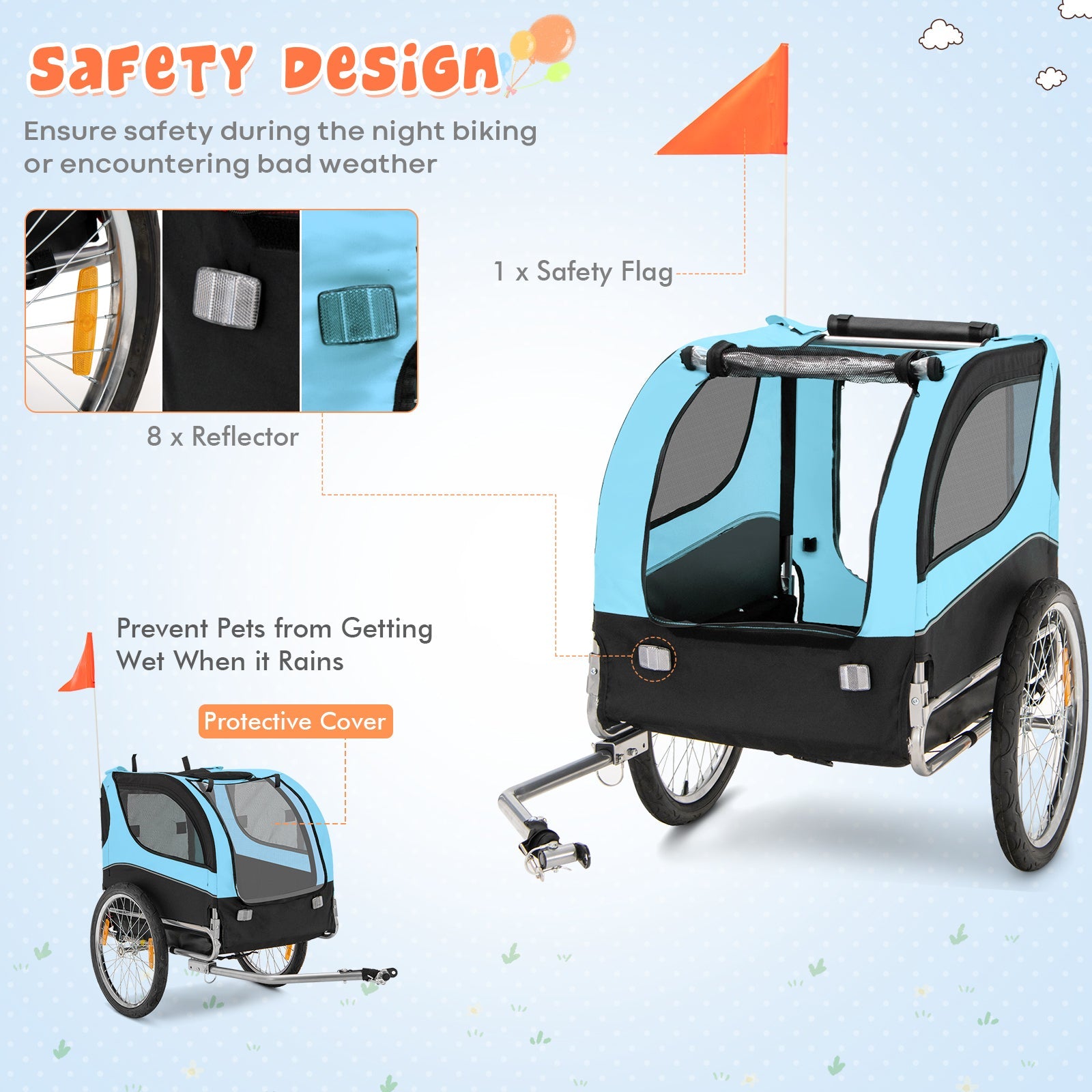 NNECW Folding Pet Bike Trailer with 3 Zippered Doors and 8 Reflectors-Blue